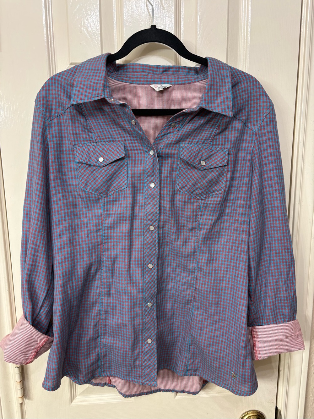Guess Women’s Blue and Red Check Button-Down Shirt Pearl Snaps Rodeocore